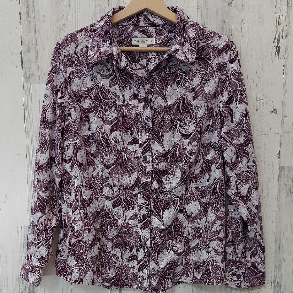 Coldwater Creek Women's Purple and White Button Down Shirt